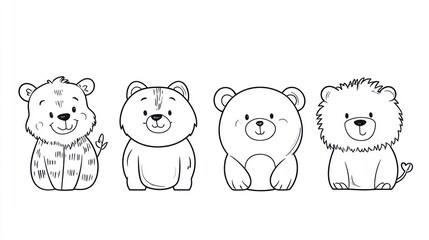 Cute cartoon animals, black and white, coloring book.