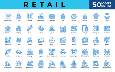 Retail icons set with shopping cart, bag, barcode, cash register, credit card, sale, discount, price tag, store, shop icon. Simple retro vector 
