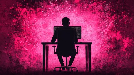 Fototapeta premium Micromanagement style. Silhouette of a person at a desk with a glowing pink background.