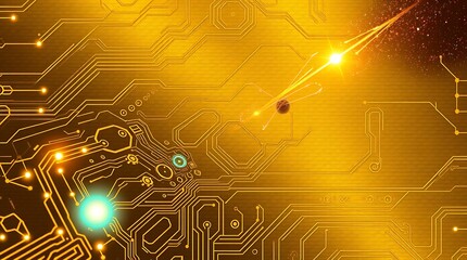 gold textured background illustration in a futuristic sci-fi style.  Advanced technology is depicted through intricate circuitry and glowing components.  Space elements include distant nebulae and sta