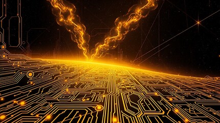 gold textured background illustration in a futuristic sci-fi style.  Advanced technology is depicted through intricate circuitry and glowing components.  Space elements include distant nebulae and sta