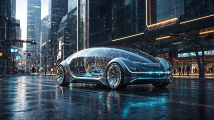 A transparent car with blue lighting accents, driving through a cityscape at night. The car has a modern and advanced design, with clear, see-through panels and illuminated elements.