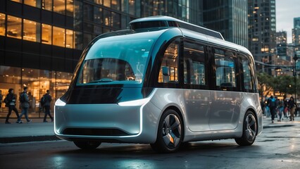 A futuristic, self-driving shuttle bus in an urban environment. It has a sleek, modern design with a large, transparent roof and is equipped with sensors and cameras on the top.
