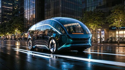 A futuristic-looking electric car driving through a city at night, with tall buildings and streetlights in the background. The car has a sleek, modern design with a long, low profile and large windows