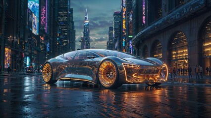 A futuristic, sleek car standing in the middle of a city street. The car has a transparent body and glowing wheels, and the background features modern city buildings with a neon-lit atmosphere.