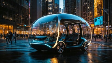 A futuristic, transparent, and automated shuttle bus driving through a cityscape at night. The shuttle has a sleek design with illuminated lights and large windows.