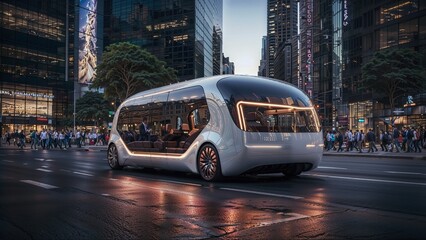 A futuristic, sleek, and compact white car, possibly an autonomous electric vehicle, driving through a cityscape at night. The car is situated on a road lined with tall buildings
