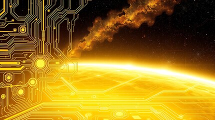 gold textured background illustration in a futuristic sci-fi style.  Advanced technology is depicted through intricate circuitry and glowing components.  Space elements include distant nebulae and sta