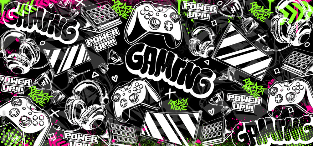 Fototapete gaming vector background illustrations. retro video game graphic icon elements in graffiti style