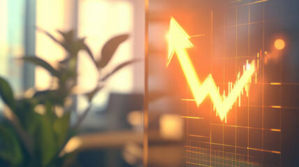 Glowing upward arrow graph on digital screen symbolizing positive company growth and future outlook, representing business success and financial progress.