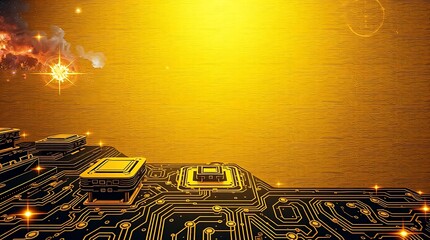 gold textured background illustration in a futuristic sci-fi style.  Advanced technology is depicted through intricate circuitry and glowing components.  Space elements include distant nebulae and sta