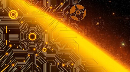 gold textured background illustration in a futuristic sci-fi style.  Advanced technology is depicted through intricate circuitry and glowing components.  Space elements include distant nebulae and sta