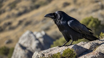 Naklejka premium Detailed Shot of a Raven on a Rocky Outcrop, Its Sharp Call Echoing Through the Landscape