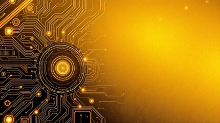gold textured background illustration in a futuristic sci-fi style.  Advanced technology is depicted through intricate circuitry and glowing components.  Space elements include distant nebulae and sta