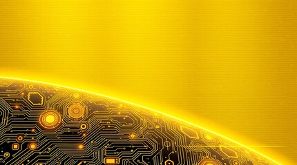 gold textured background illustration in a futuristic sci-fi style.  Advanced technology is depicted through intricate circuitry and glowing components.  Space elements include distant nebulae and sta