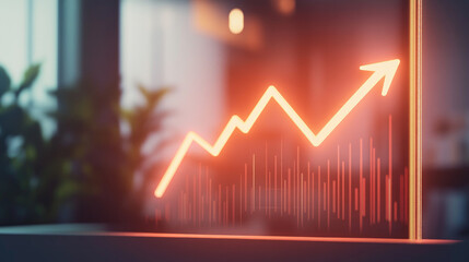Glowing upward arrow graph on digital screen symbolizing positive company growth and future outlook, representing business success and financial progress.