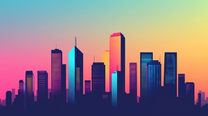 Fototapeta premium Vibrant City Skyline Silhouette at Sunset with Colorful Gradient Sky