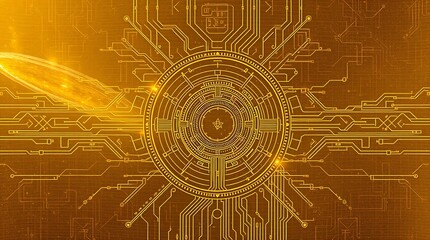 gold textured background illustration in a futuristic sci-fi style.  Advanced technology is depicted through intricate circuitry and glowing components.  Space elements include distant nebulae and sta