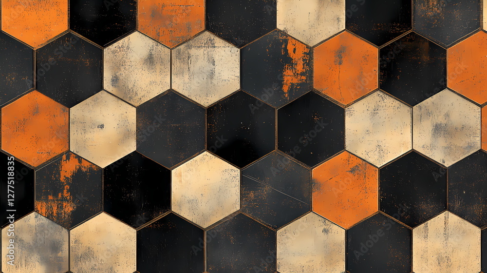 Poster hexagonal tiles creating colorful and geometric pattern on wall or floor
