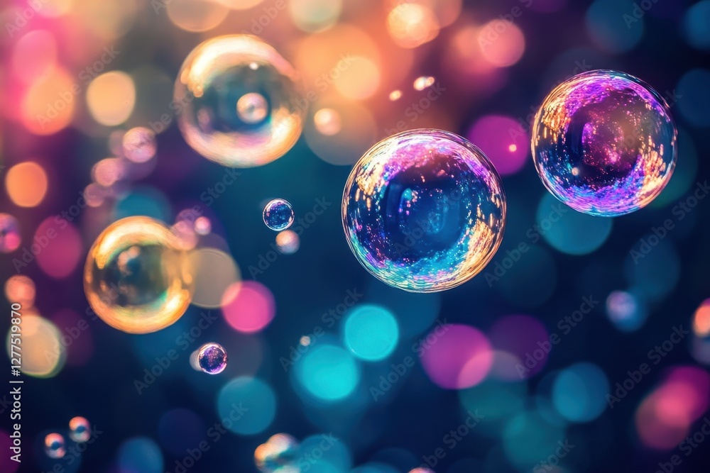 Poster vibrant iridescent soap bubbles float against a bokeh background of colorful lights. perfect for web