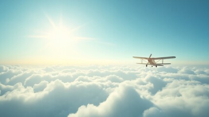 Biplane flying above fluffy clouds at sunrise.