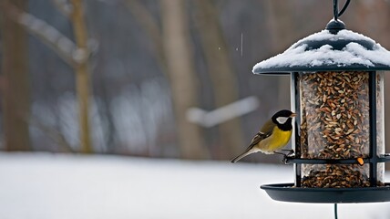 Naklejka premium Fluffy Songbird Pecking Seeds in a Winter Wonderland, Surrounded by Snow and Frosted Branches