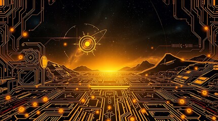 gold textured background illustration in a futuristic sci-fi style.  Advanced technology is depicted through intricate circuitry and glowing components.  Space elements include distant nebulae and sta
