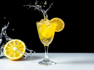 Sliced lemon pieces with water splashes in swirling shape, organic, cocktail, droplet