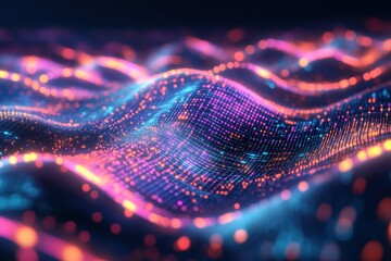 Abstract glowing wave of data points, vibrant pink, orange, and blue hues. Ideal for tech, AI, or network concepts, symbolizes digital flow and connectivity.