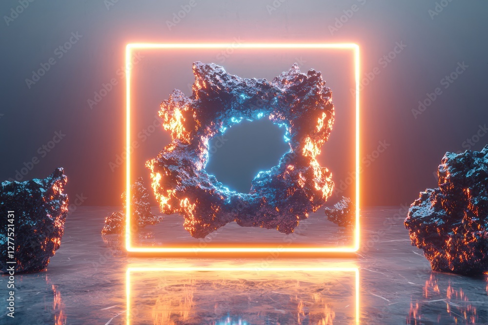 Poster neutral polished backdrop dynamically showcases a 3d frame with glowing neon borders, ai-rendered.