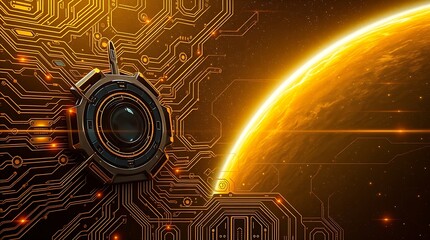 gold textured background illustration in a futuristic sci-fi style.  Advanced technology is depicted through intricate circuitry and glowing components.  Space elements include distant nebulae and sta