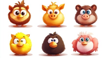 Cute cartoon animals. Collection of stylized, fluffy, round animals, including birds and pigs, with large expressive eyes, various colors and soft textures.