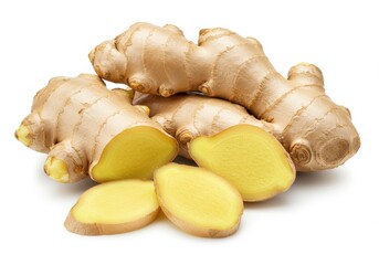 Fresh ginger root whole and sliced ginger pale beige and yellow colors close up photography white background