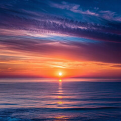 Obraz premium Vibrant ocean sunset, coastal sunrise, colorful cloudscape, tranquil waters, peaceful scene, travel postcard