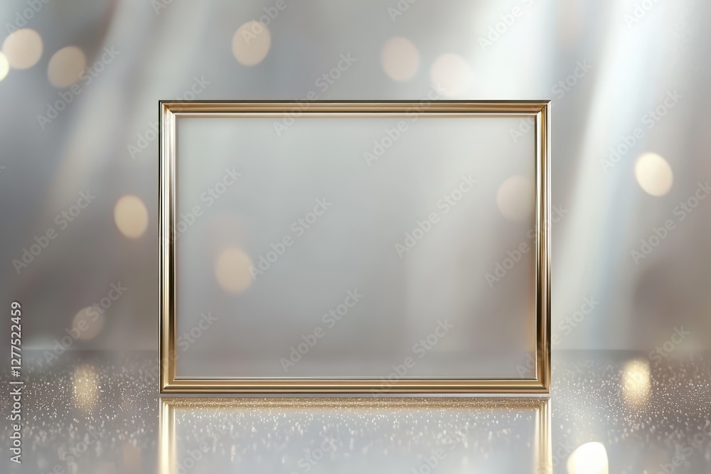 Poster a polished surface underlines a minimalist gold frame surrounded by soft light in this futuristic ai