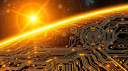 gold textured background illustration in a futuristic sci-fi style.  Advanced technology is depicted through intricate circuitry and glowing components.  Space elements include distant nebulae and sta