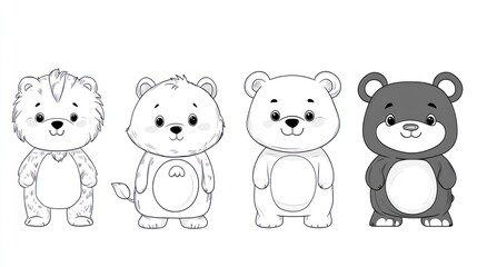Naklejka premium Cute cartoon animals, coloring book illustrations of a lion, a polar bear, and a black bear.