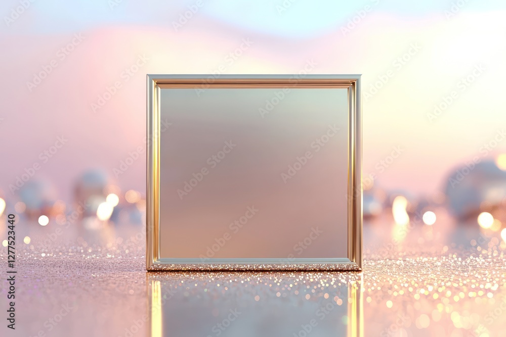 Poster futuristic ai-rendered 3d mock-up features a minimalist gold frame surrounded by soft light, present