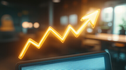 Glowing upward arrow graph on digital screen symbolizing positive company growth and future outlook, representing business success and financial progress.