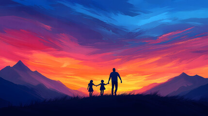 Family Silhouette Against Vibrant Sunset Over Mountains