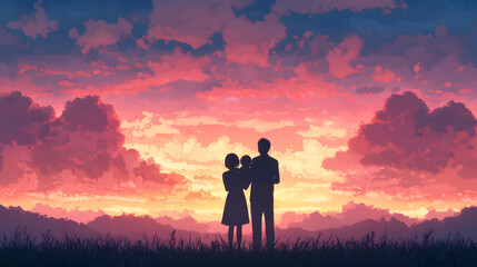 Fototapeta premium Family Silhouette Against Vibrant Sunset Sky
