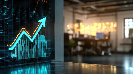 Glowing upward arrow graph on digital screen symbolizing positive company growth and future outlook, representing business success and financial progress.