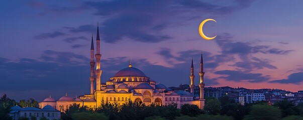 Naklejka premium Illuminated mosque stands elegantly under a crescent moon at twilight
