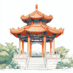 Fototapeta premium traditional Chinese pavilion with ornate orange roof, surrounded by lush greenery, showcasing intricate architectural details and serene ambiance