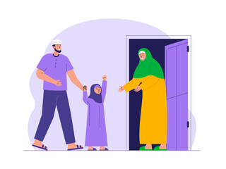 Muslim parents celebrate Eid with his daughter illustration. Eid illustration. Flat vector illustration concept.
