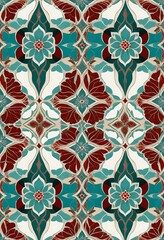 Intricate floral seamless pattern in teal, burgundy and cream palette