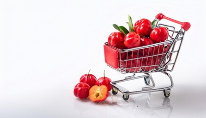 a shopping cart of fresh red Acerola fruit on a white background isolated