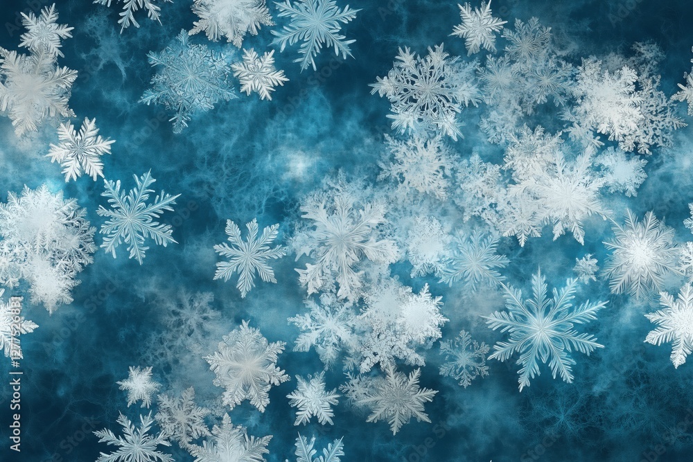 Poster seamless various intricate snowflakes on a blue background, showcasing their unique patterns and del