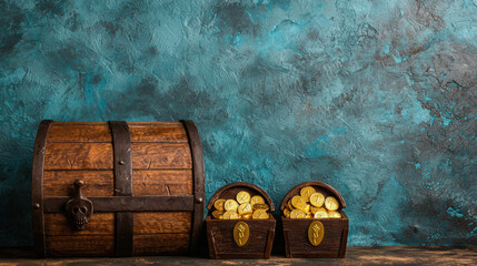 Treasure chest with gold coins on textured blue background, Happy Birthday Anniversary Theme.