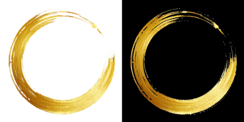 Gold zen symbol brushstroke round circle frame png clipart cutout transparent isolated. Detailed image of a circular stroke made with gold paint, showcasing the brush's texture and the richness